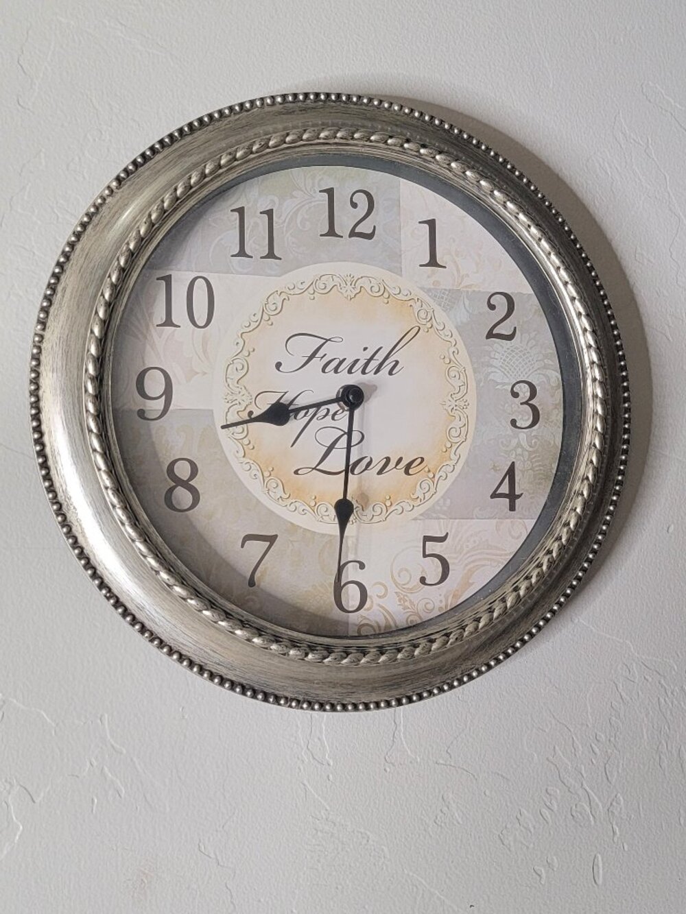 3/$30 Farmhouse Wall Clock Faith Hope Love Lightweight Silver Frame Decor 12”